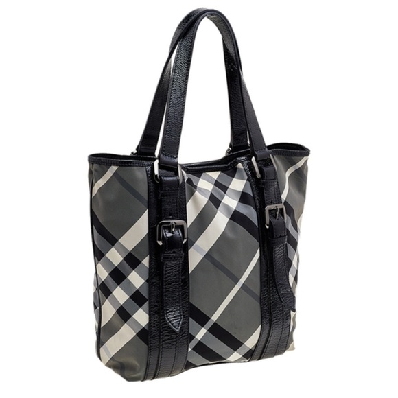 BURBERRY Black Beat Check Nylon And Patent Leather Lowry Tote - Picture 3 of 14
